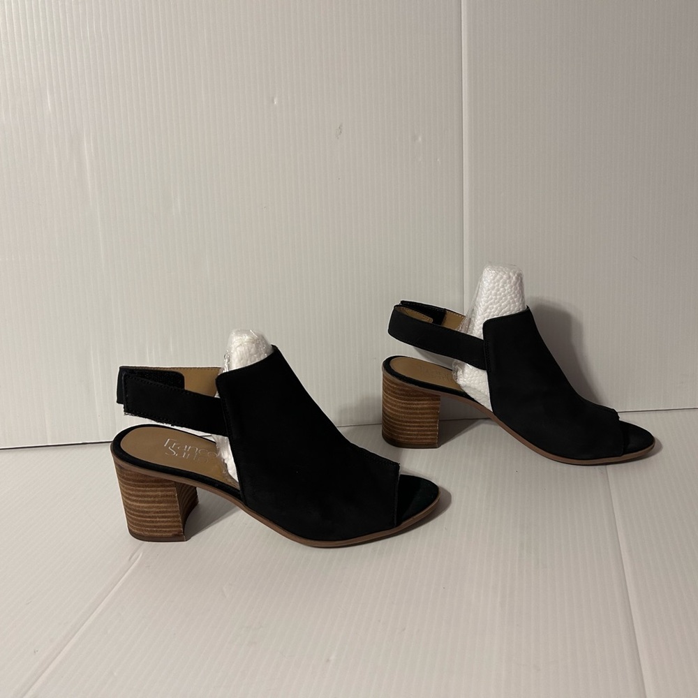 Franco Sarto Helix black leather block heel open toe shoe women size 8.5 M